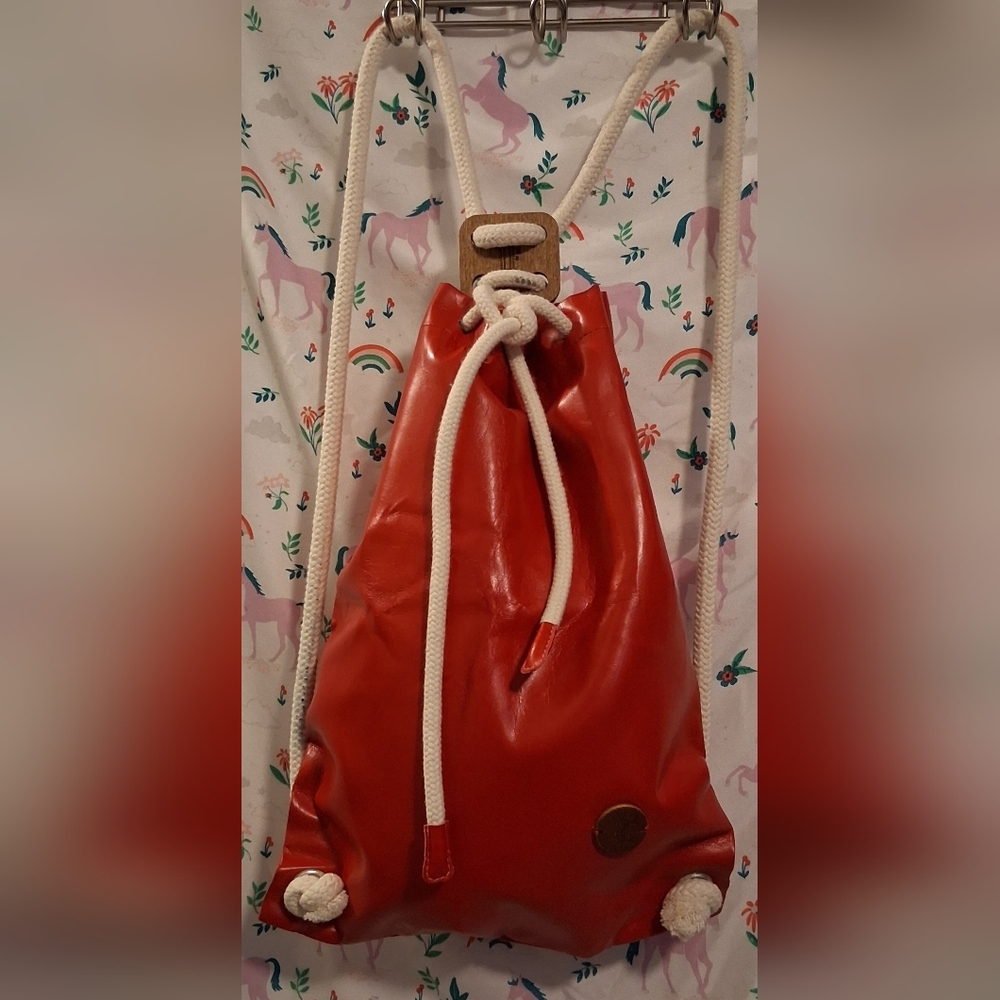 EUC IF Bags Italy Red Smooth Sustainable Vegan Eco-Leather Drawstring Backpack